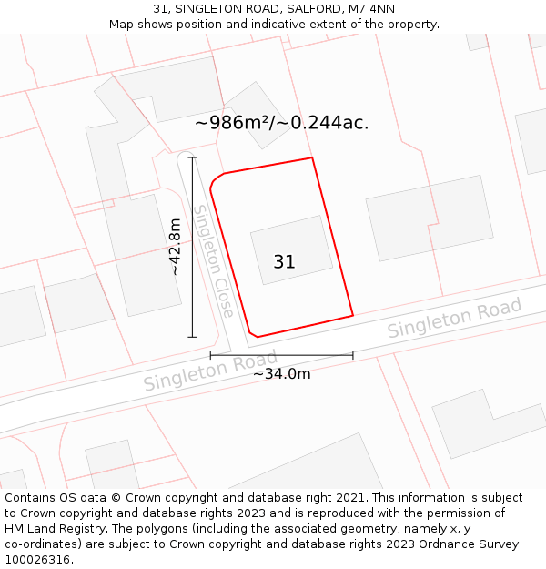 31, SINGLETON ROAD, SALFORD, M7 4NN: Plot and title map