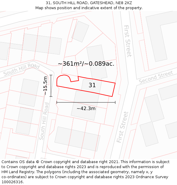 31, SOUTH HILL ROAD, GATESHEAD, NE8 2XZ: Plot and title map