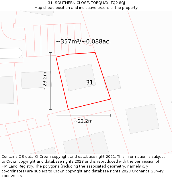 31, SOUTHERN CLOSE, TORQUAY, TQ2 8QJ: Plot and title map