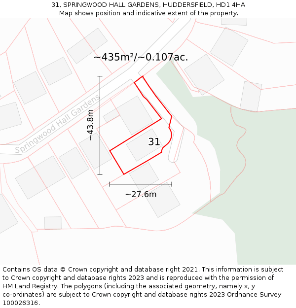 31, SPRINGWOOD HALL GARDENS, HUDDERSFIELD, HD1 4HA: Plot and title map