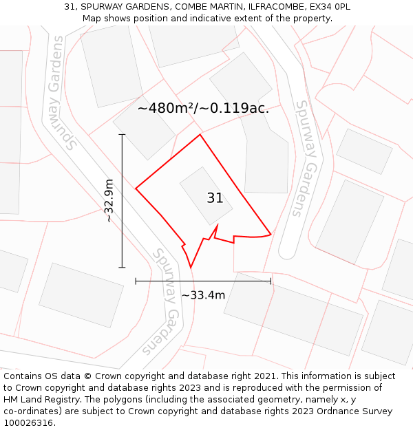 31, SPURWAY GARDENS, COMBE MARTIN, ILFRACOMBE, EX34 0PL: Plot and title map