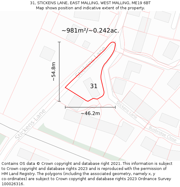 31, STICKENS LANE, EAST MALLING, WEST MALLING, ME19 6BT: Plot and title map
