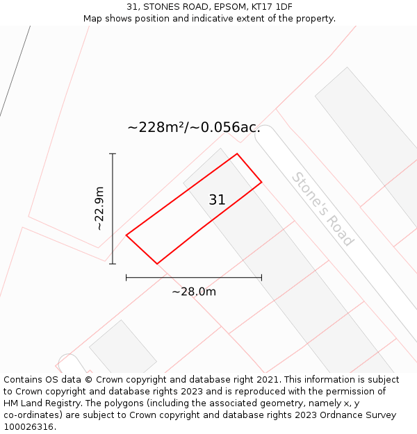 31, STONES ROAD, EPSOM, KT17 1DF: Plot and title map