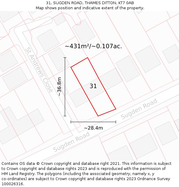 31, SUGDEN ROAD, THAMES DITTON, KT7 0AB: Plot and title map