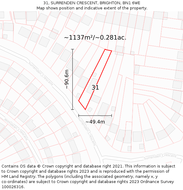 31, SURRENDEN CRESCENT, BRIGHTON, BN1 6WE: Plot and title map