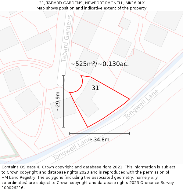 31, TABARD GARDENS, NEWPORT PAGNELL, MK16 0LX: Plot and title map