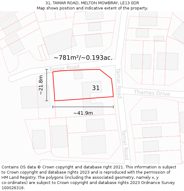 31, TAMAR ROAD, MELTON MOWBRAY, LE13 0DR: Plot and title map