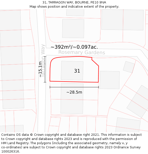 31, TARRAGON WAY, BOURNE, PE10 9NA: Plot and title map