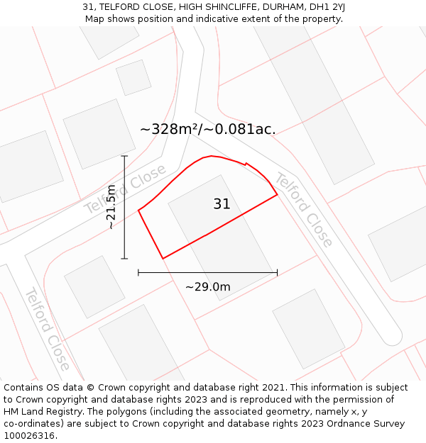 31, TELFORD CLOSE, HIGH SHINCLIFFE, DURHAM, DH1 2YJ: Plot and title map