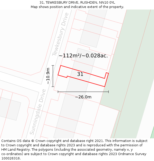 31, TEWKESBURY DRIVE, RUSHDEN, NN10 0YL: Plot and title map