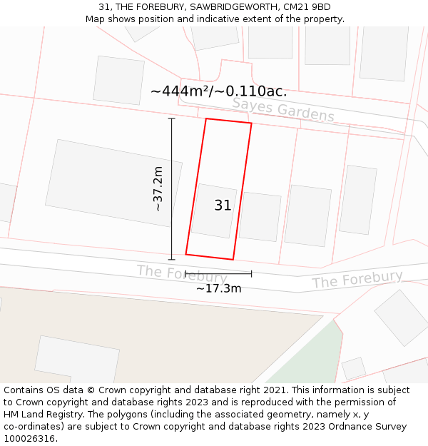 31, THE FOREBURY, SAWBRIDGEWORTH, CM21 9BD: Plot and title map