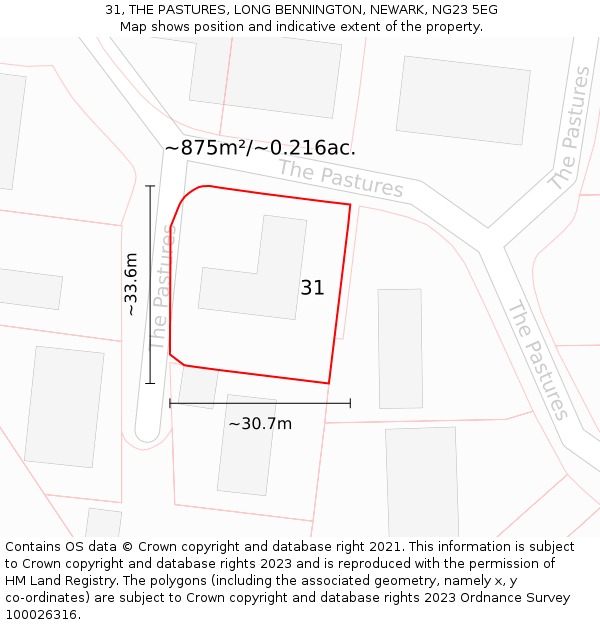 31, THE PASTURES, LONG BENNINGTON, NEWARK, NG23 5EG: Plot and title map