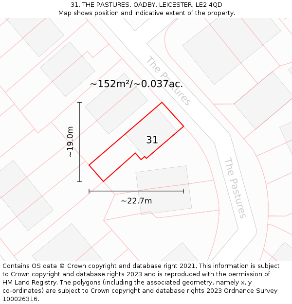 31, THE PASTURES, OADBY, LEICESTER, LE2 4QD: Plot and title map