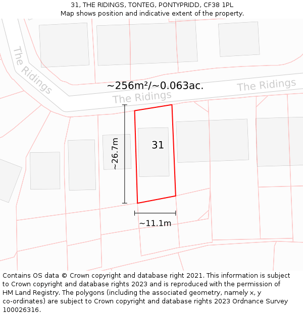 31, THE RIDINGS, TONTEG, PONTYPRIDD, CF38 1PL: Plot and title map