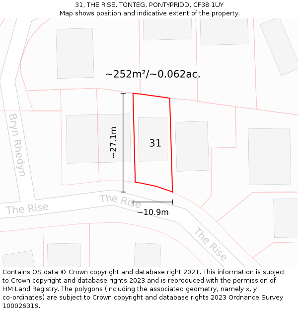 31, THE RISE, TONTEG, PONTYPRIDD, CF38 1UY: Plot and title map