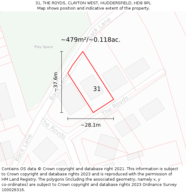 31, THE ROYDS, CLAYTON WEST, HUDDERSFIELD, HD8 9PL: Plot and title map