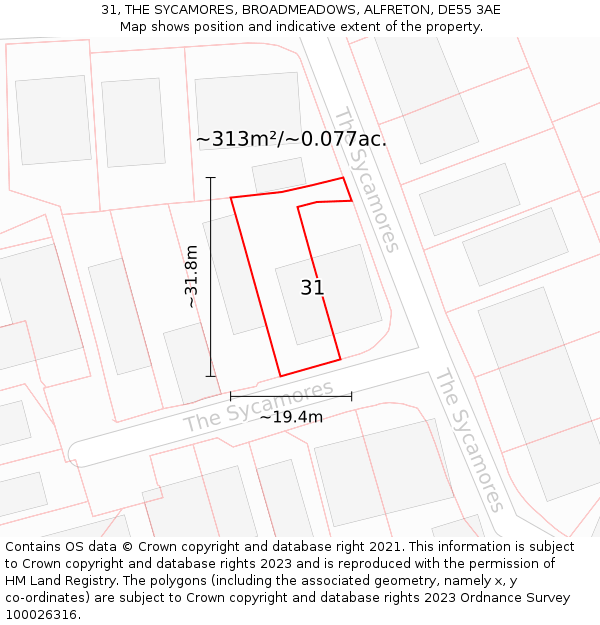 31, THE SYCAMORES, BROADMEADOWS, ALFRETON, DE55 3AE: Plot and title map