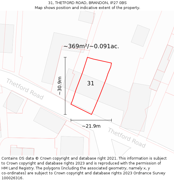 31, THETFORD ROAD, BRANDON, IP27 0BS: Plot and title map