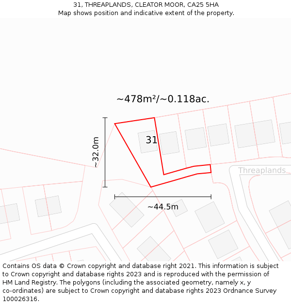 31, THREAPLANDS, CLEATOR MOOR, CA25 5HA: Plot and title map