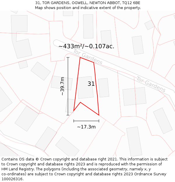 31, TOR GARDENS, OGWELL, NEWTON ABBOT, TQ12 6BE: Plot and title map