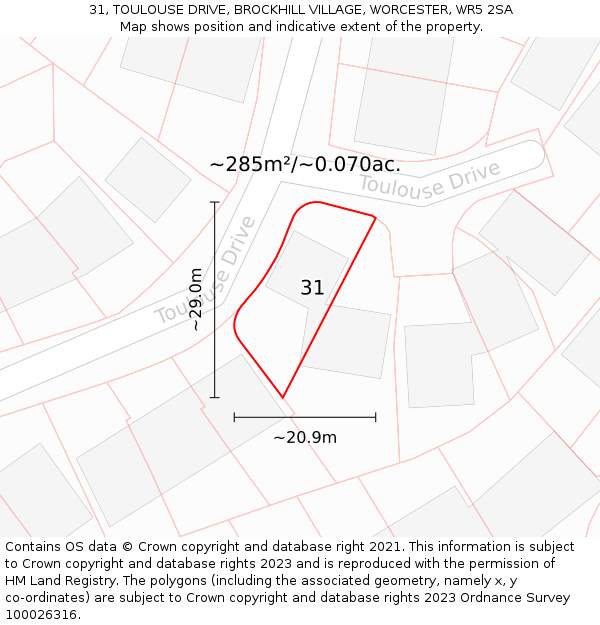 31, TOULOUSE DRIVE, BROCKHILL VILLAGE, WORCESTER, WR5 2SA: Plot and title map