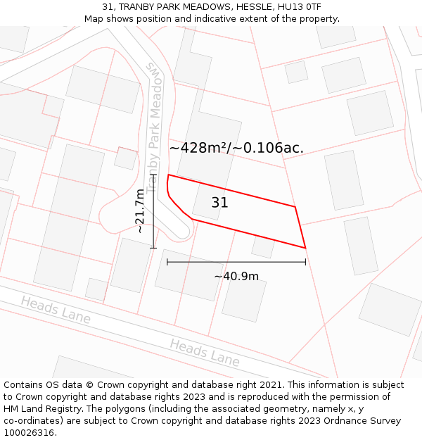 31, TRANBY PARK MEADOWS, HESSLE, HU13 0TF: Plot and title map