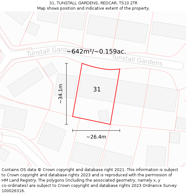 31, TUNSTALL GARDENS, REDCAR, TS10 2TR: Plot and title map