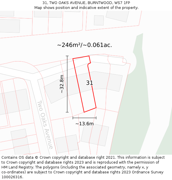 31, TWO OAKS AVENUE, BURNTWOOD, WS7 1FP: Plot and title map