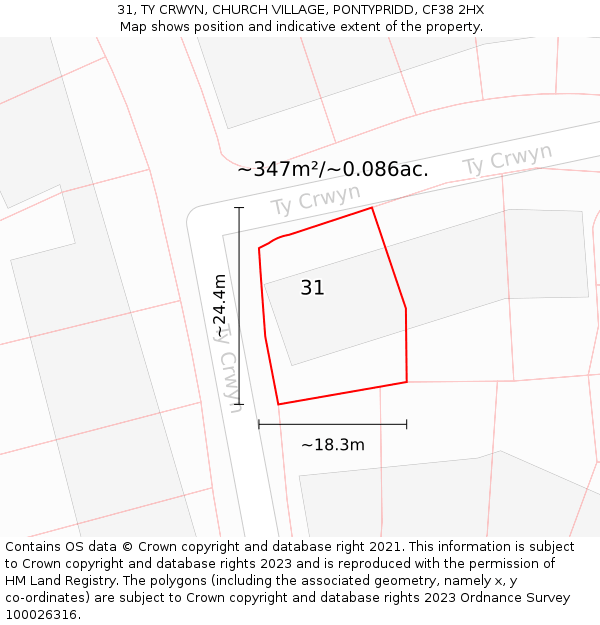 31, TY CRWYN, CHURCH VILLAGE, PONTYPRIDD, CF38 2HX: Plot and title map