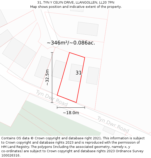 31, TYN Y CELYN DRIVE, LLANGOLLEN, LL20 7PN: Plot and title map