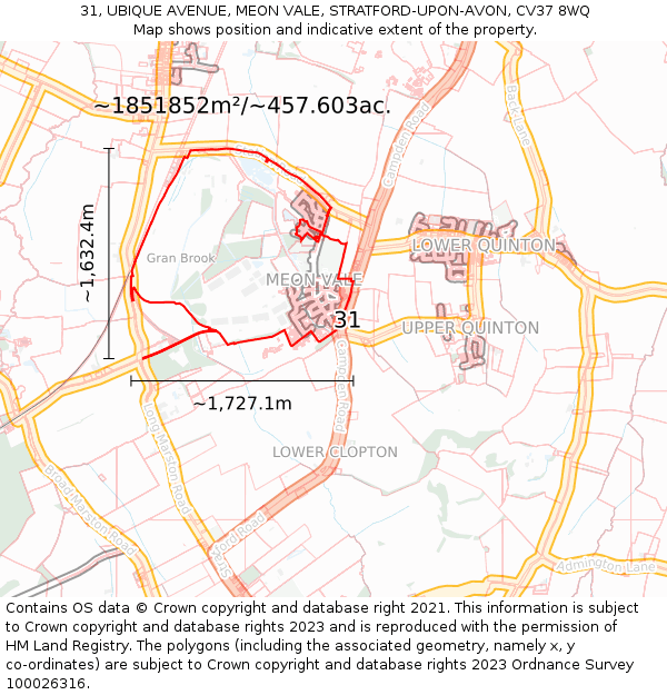 31, UBIQUE AVENUE, MEON VALE, STRATFORD-UPON-AVON, CV37 8WQ: Plot and title map