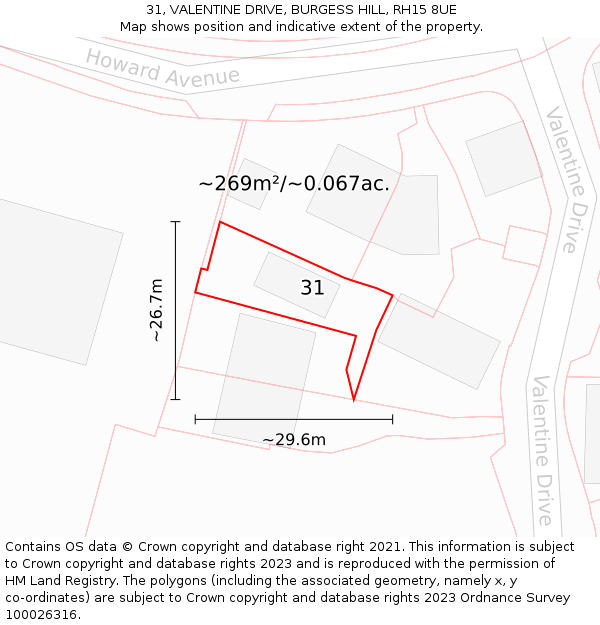 31, VALENTINE DRIVE, BURGESS HILL, RH15 8UE: Plot and title map