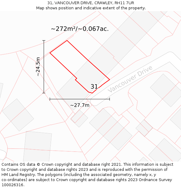 31, VANCOUVER DRIVE, CRAWLEY, RH11 7UR: Plot and title map