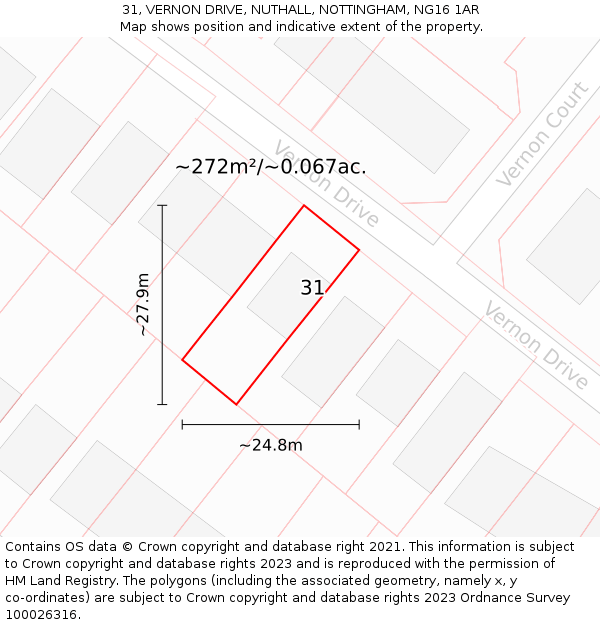 31, VERNON DRIVE, NUTHALL, NOTTINGHAM, NG16 1AR: Plot and title map