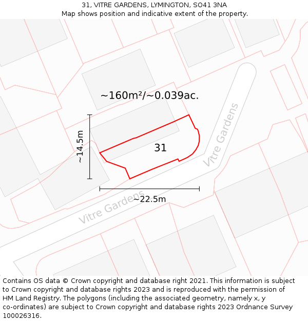 31, VITRE GARDENS, LYMINGTON, SO41 3NA: Plot and title map