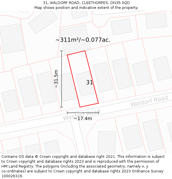 31, WALDORF ROAD, CLEETHORPES, DN35 0QD: Plot and title map