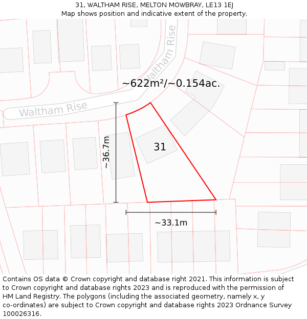 31, WALTHAM RISE, MELTON MOWBRAY, LE13 1EJ: Plot and title map