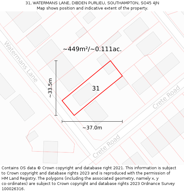 31, WATERMANS LANE, DIBDEN PURLIEU, SOUTHAMPTON, SO45 4JN: Plot and title map