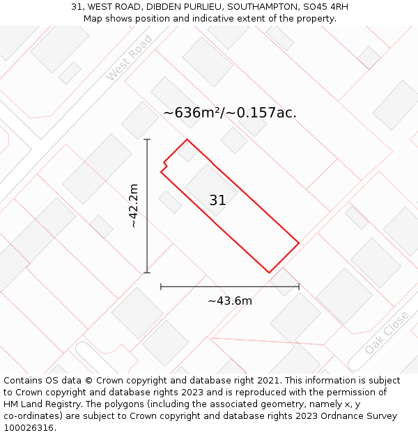 31, WEST ROAD, DIBDEN PURLIEU, SOUTHAMPTON, SO45 4RH: Plot and title map