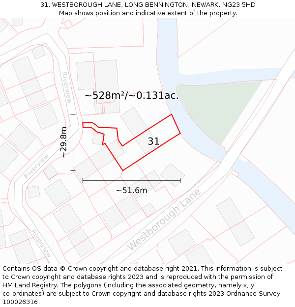 31, WESTBOROUGH LANE, LONG BENNINGTON, NEWARK, NG23 5HD: Plot and title map