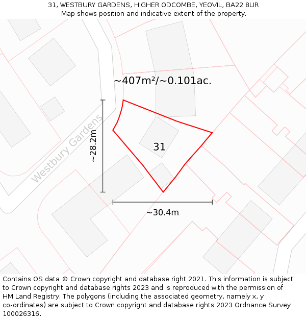 31, WESTBURY GARDENS, HIGHER ODCOMBE, YEOVIL, BA22 8UR: Plot and title map