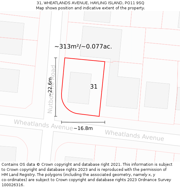 31, WHEATLANDS AVENUE, HAYLING ISLAND, PO11 9SQ: Plot and title map