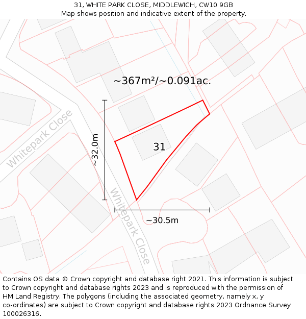 31, WHITE PARK CLOSE, MIDDLEWICH, CW10 9GB: Plot and title map