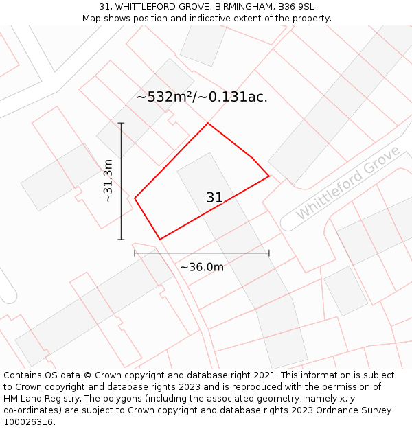 31, WHITTLEFORD GROVE, BIRMINGHAM, B36 9SL: Plot and title map