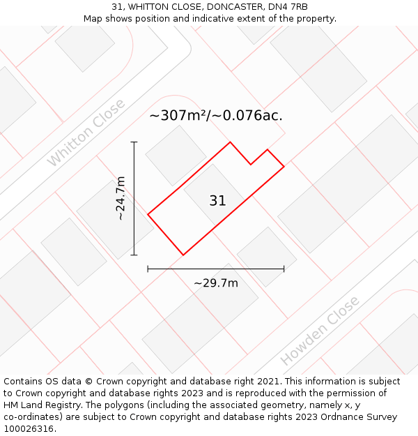31, WHITTON CLOSE, DONCASTER, DN4 7RB: Plot and title map