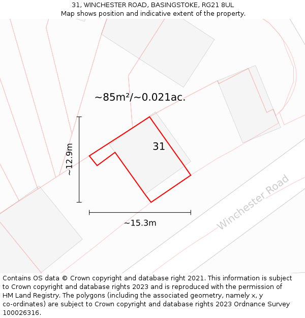 31, WINCHESTER ROAD, BASINGSTOKE, RG21 8UL: Plot and title map