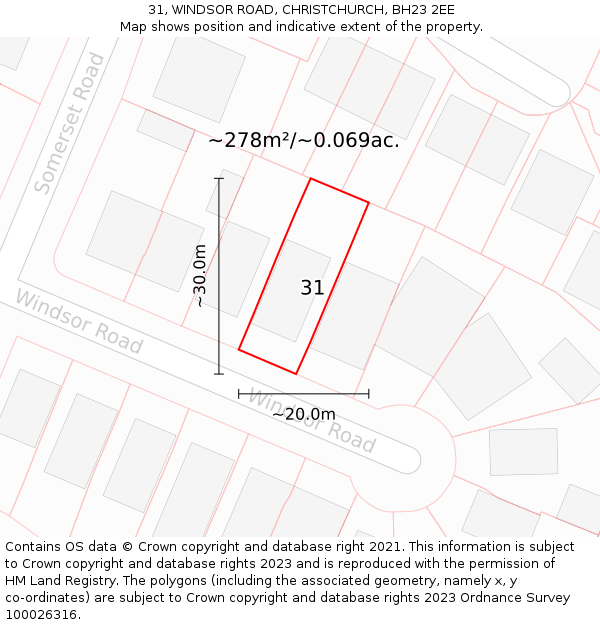 31, WINDSOR ROAD, CHRISTCHURCH, BH23 2EE: Plot and title map
