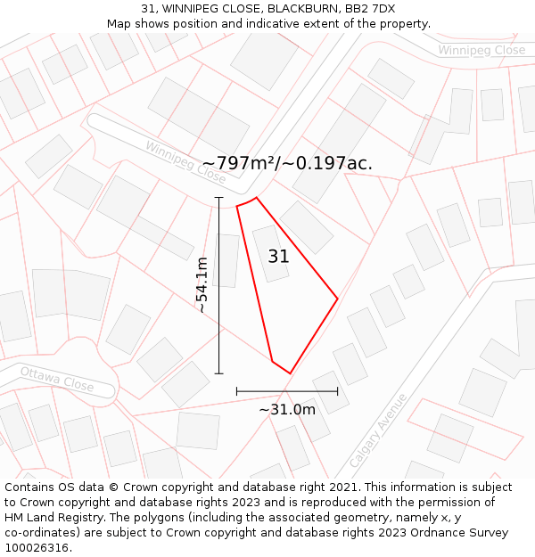 31, WINNIPEG CLOSE, BLACKBURN, BB2 7DX: Plot and title map