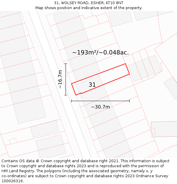 31, WOLSEY ROAD, ESHER, KT10 8NT: Plot and title map