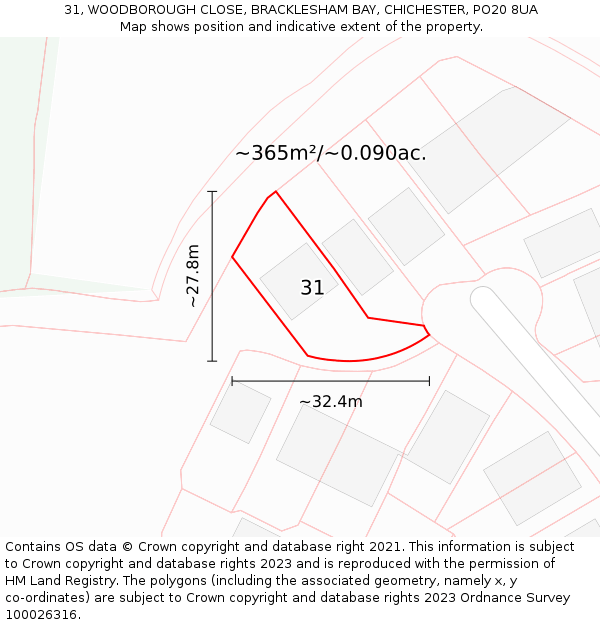 31, WOODBOROUGH CLOSE, BRACKLESHAM BAY, CHICHESTER, PO20 8UA: Plot and title map